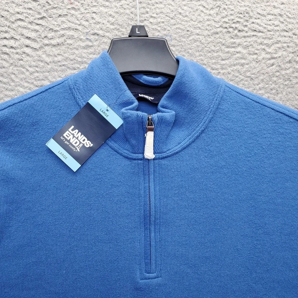 Lands' End Sweater Mens Large Blue Knit Ribbed Hem & Cuff Quarter Zip Pullover